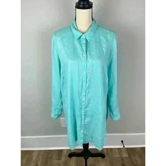 J. Jill Love Linen Long Tunic Blouse Long Sleeve Button Up Teal XL Coastal Linen - Picture 1 of 14